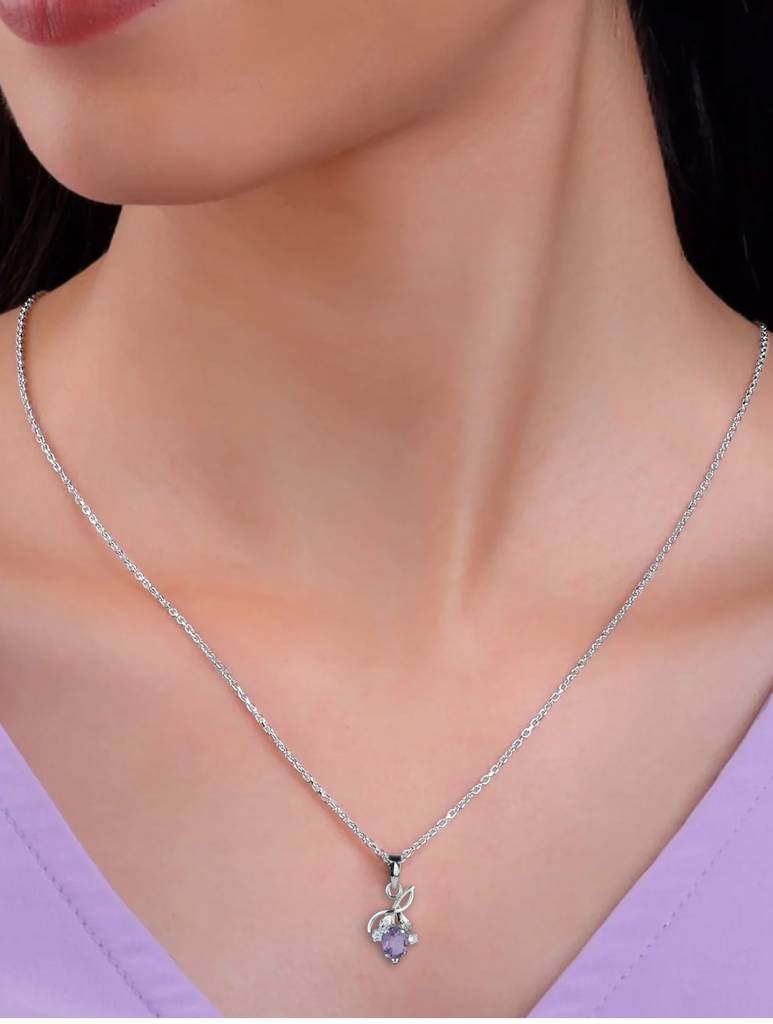 925 Sterling Silver Amethyst Pendant With 18 Inch Chain Handmade Gemstone Necklace For Women Elegant : FU-1042