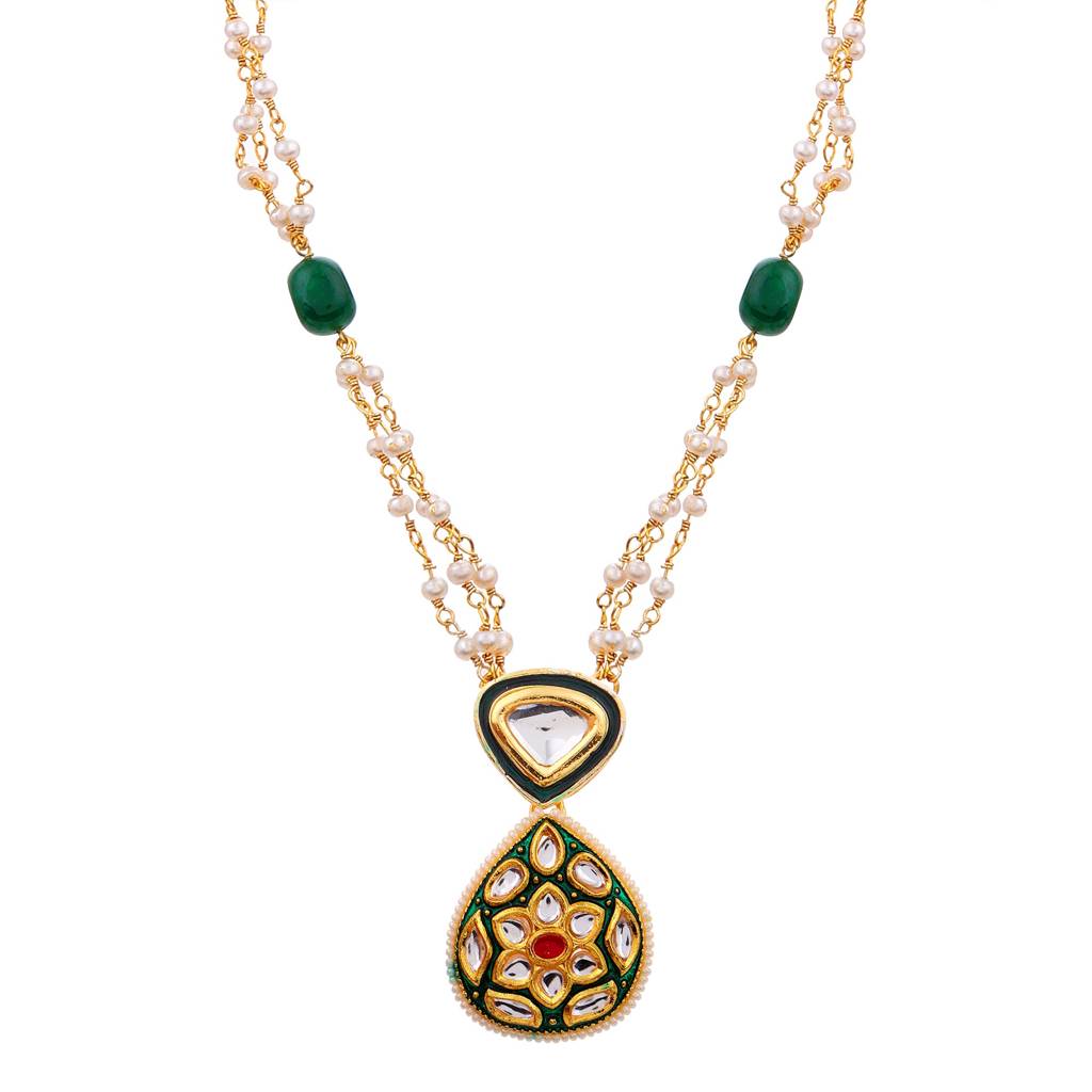 22Kt Gold-Plated Jadau Kundan Pearl Chain Necklace Set : PE25002