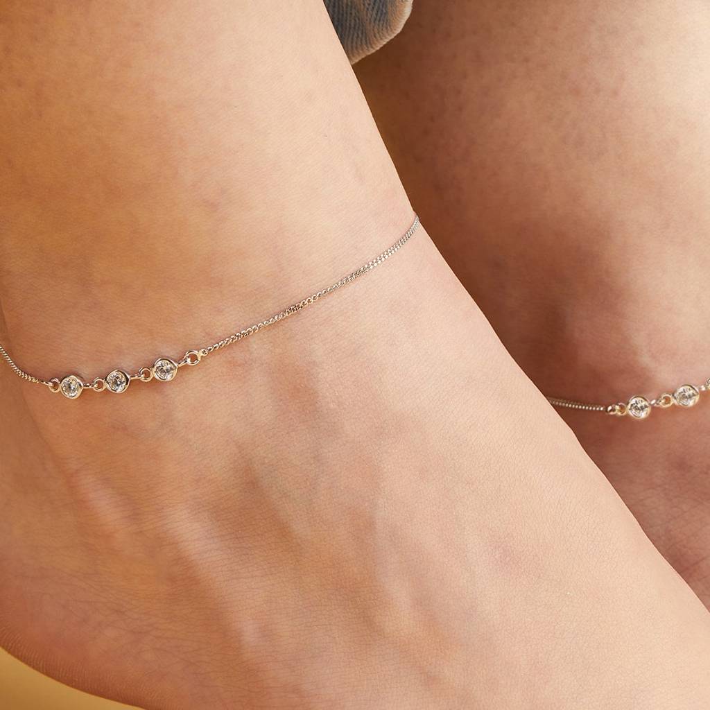Triple Cz 925 Sterling Silver Chain Anklets : ANK-60133-PAIR