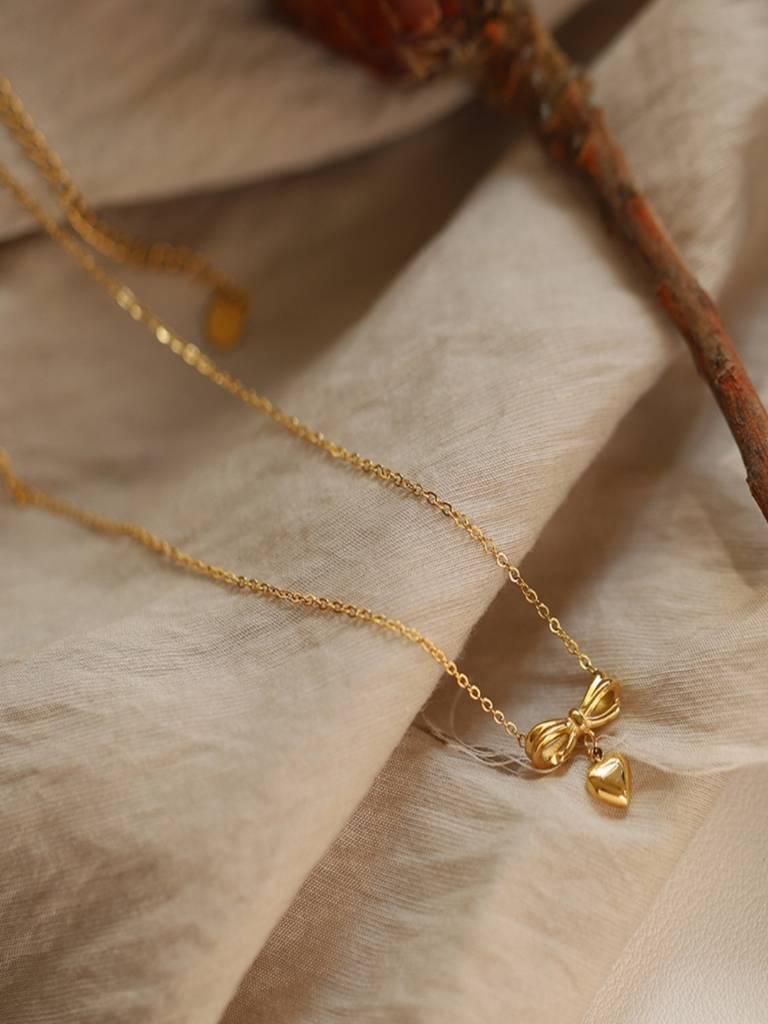 Bow Heart Pendant Necklace 18K Gold Plated Waterproof Anti-Tarnish : AJY1025P551