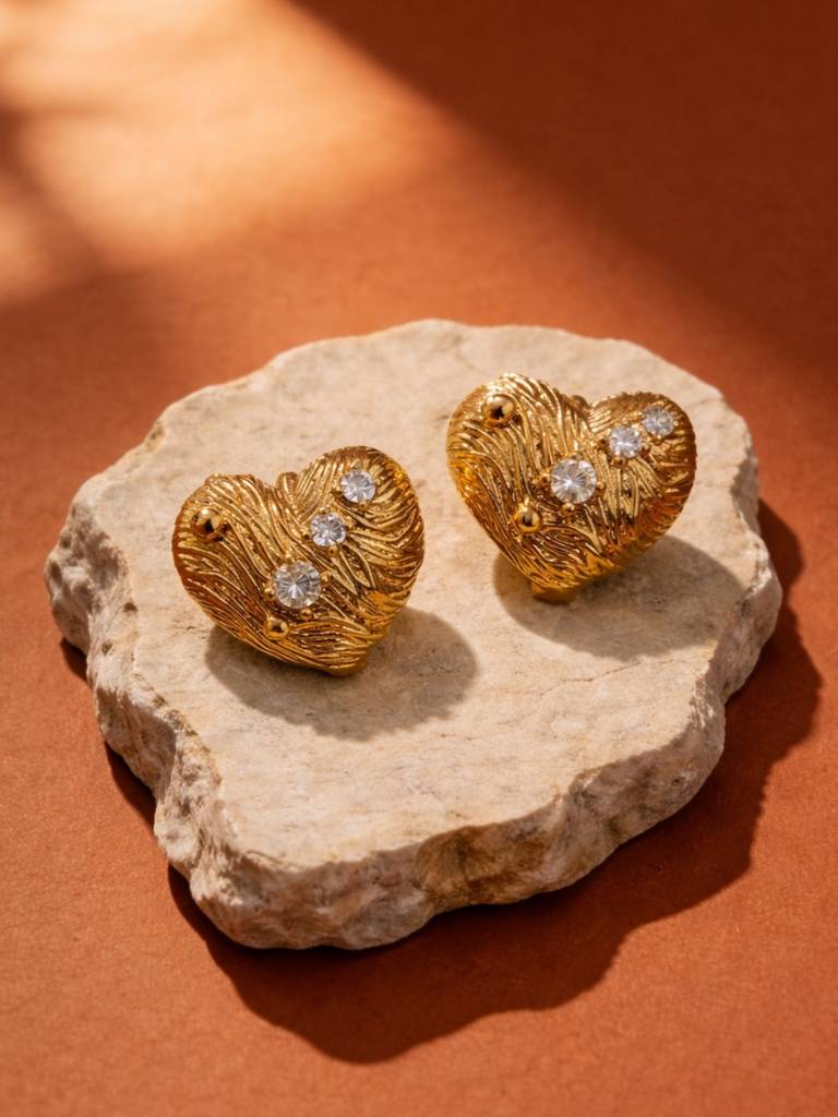 Textured Heart Hoop Earrings – 18K Rose Gold Cz Anti-Tarnish : S925E778HTH