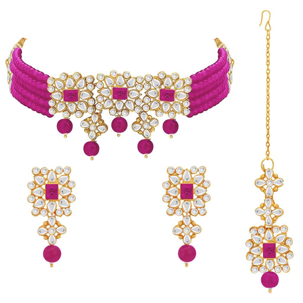 Peora Ethnic Indian Traditional Kundan Studded Necklace & Jewellery Set Gift For Women Girls : PF37N224RP
