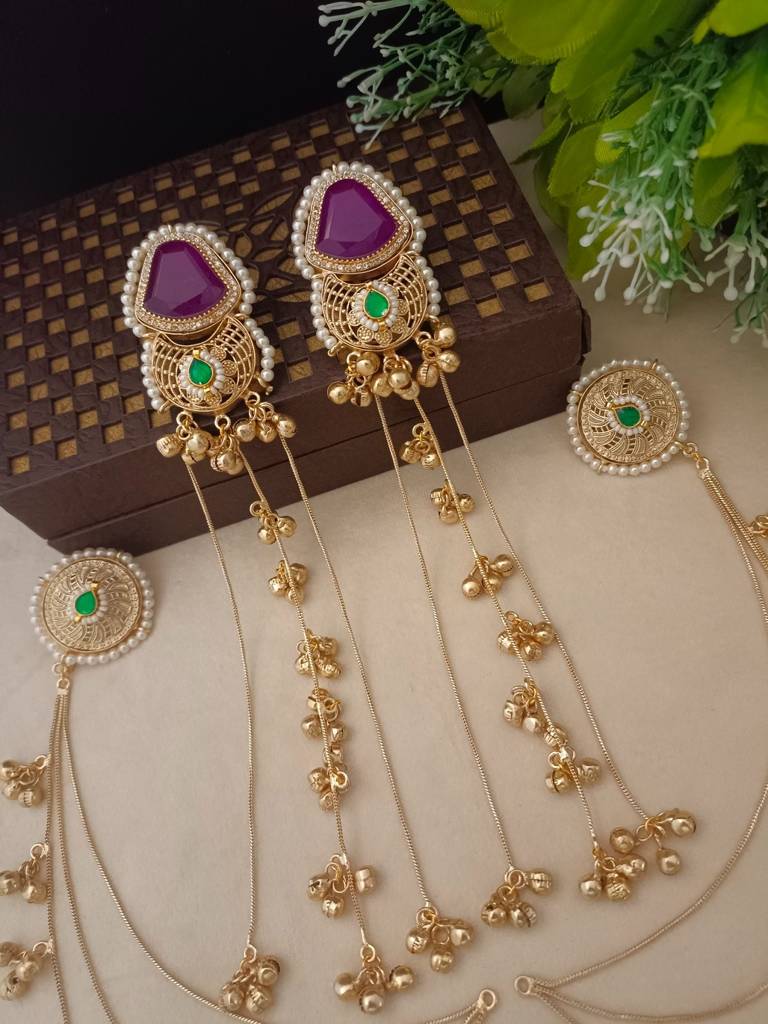 Brass-Plated Kundan Studded & Ghungroo Beaded Kashmiri Earrings With Earchains : VS105353