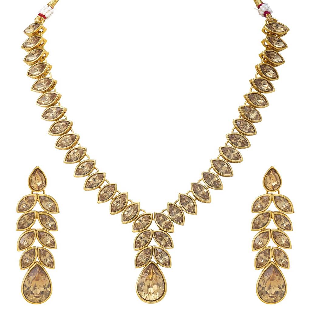 Peora Gold Plated Traditional Crystal Studded Long Necklace Earrings Jewellery Set For Women : PF24N15LCT