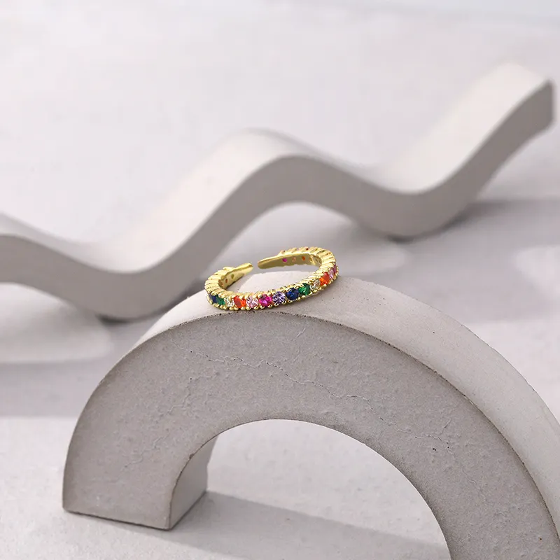 925 Sterling Silver Gold Plated Adjustable Rainbow Cubic Zirconia Eternity Band Ring For Women & Girls : BRDRCZ1