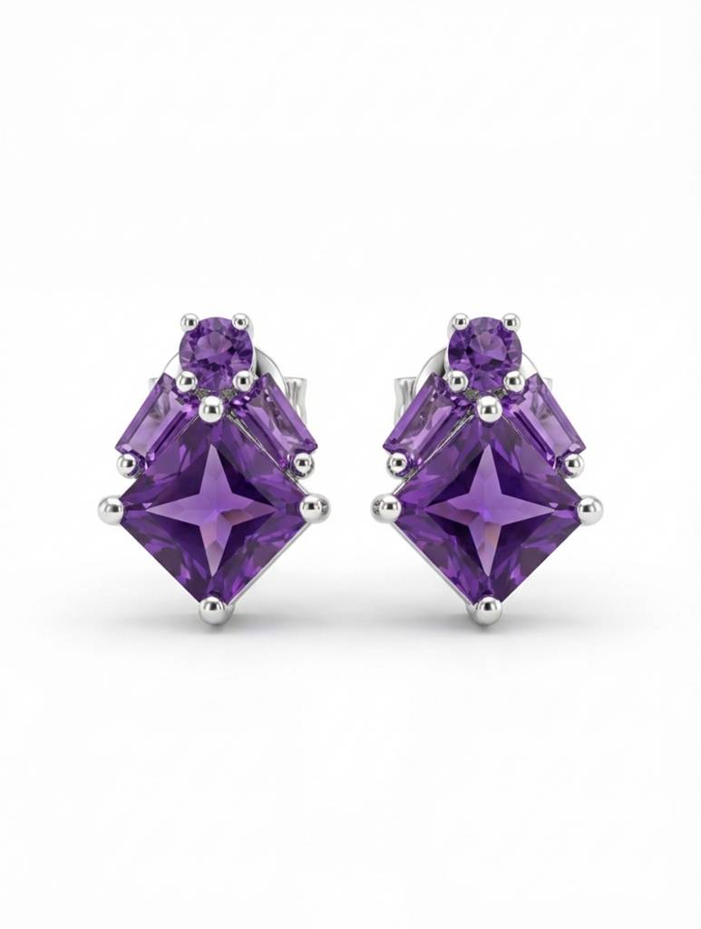 Kicky & Perky Natural Amethyst Geometric Stud Earrings In 925 Sterling Silver : VSILSME029