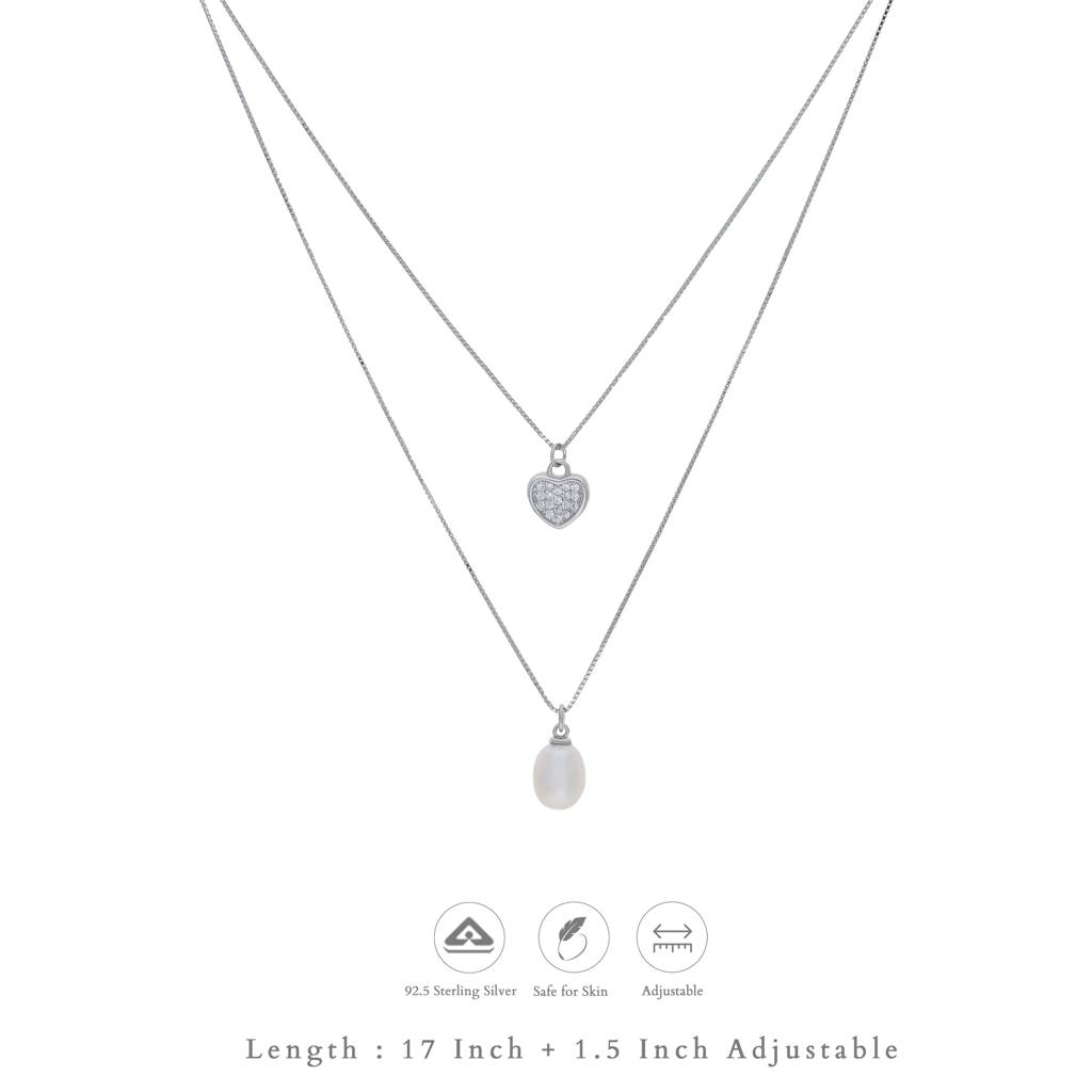 Iyal Layered Heart With Pearl Charm Silver Necklace | 925 Hallmark | Valentine’S Day Gift For Her : WN-NC-RH-U-113-S