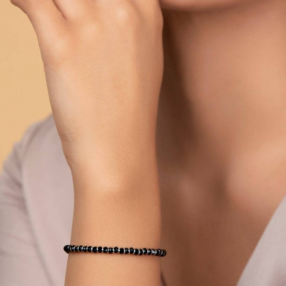 Classy Black Beaded 925 Sterling Silver Bracelet : BR-80124