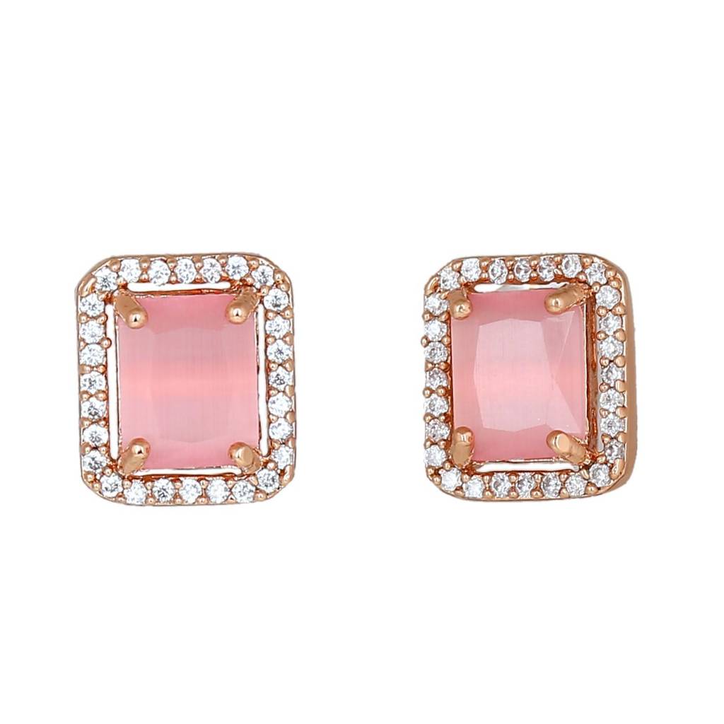 Estele Rose Gold Plated Cz Square Designer Stud Earrings With Mint Pink Stones For Women