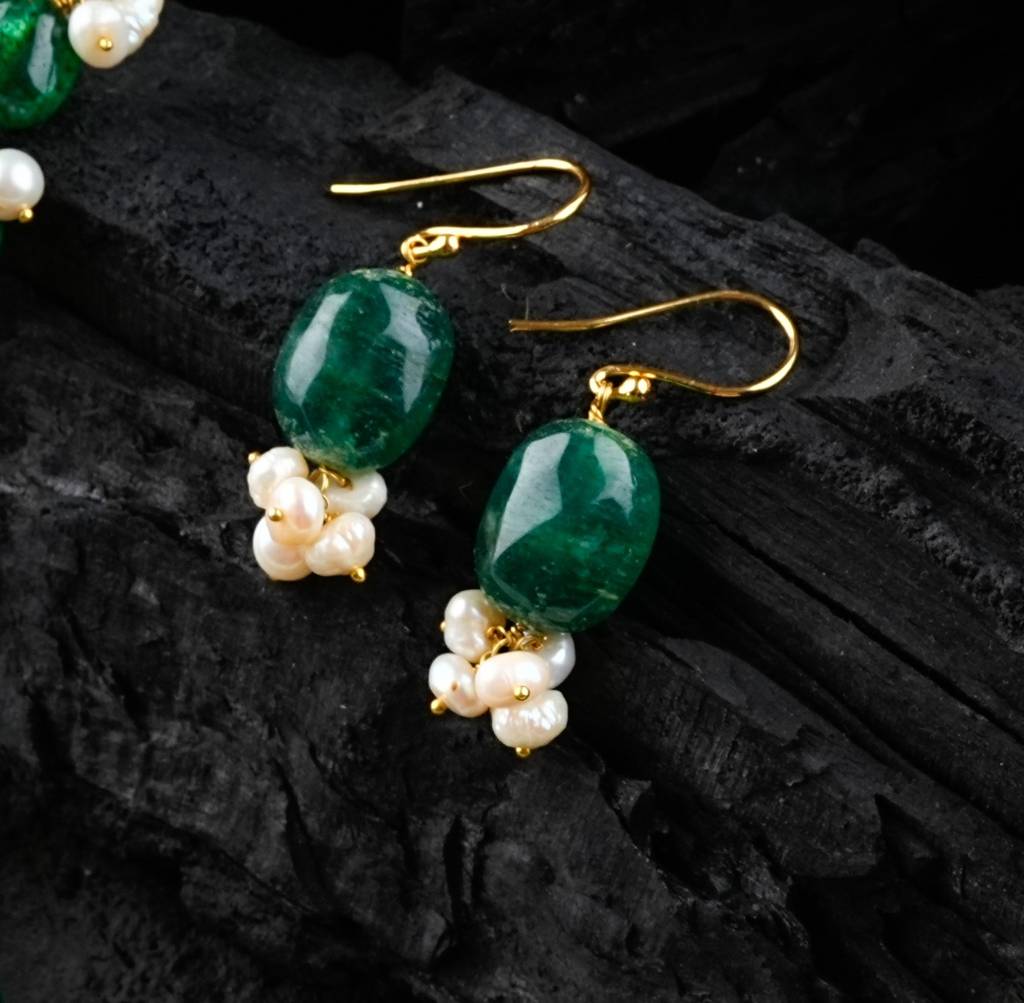Emerald Green Stone And Pearl Earrings Emerald Green Stone And