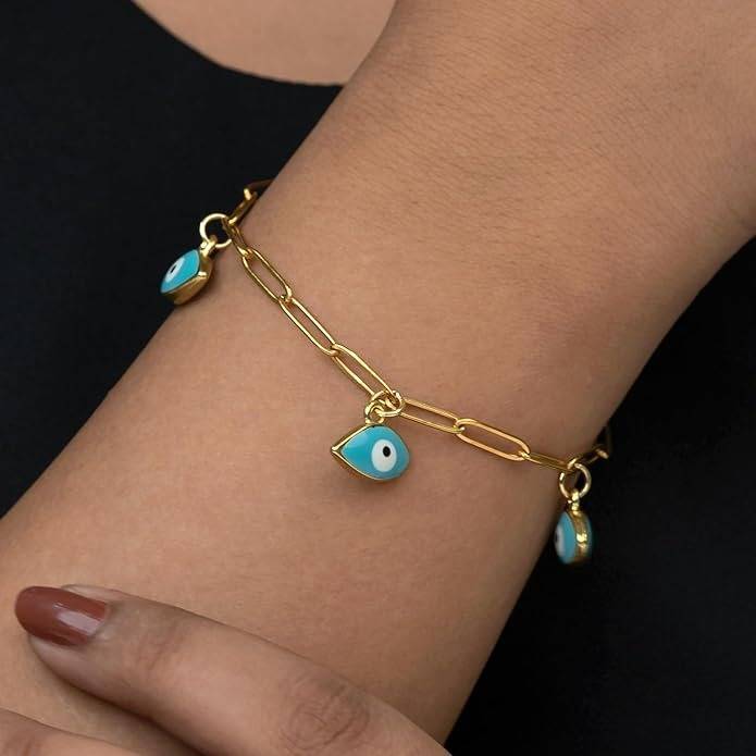 Gold Plated Anti Tarnish White Evil Eye Chain Bracelet For Women : HSPS60MB0905