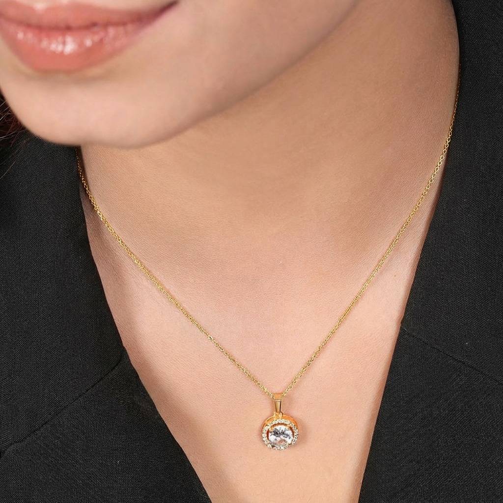 Classic Solitaire Gold Plated 925 Sterling Silver Pendant With Link Chain : PEN-30027-C3