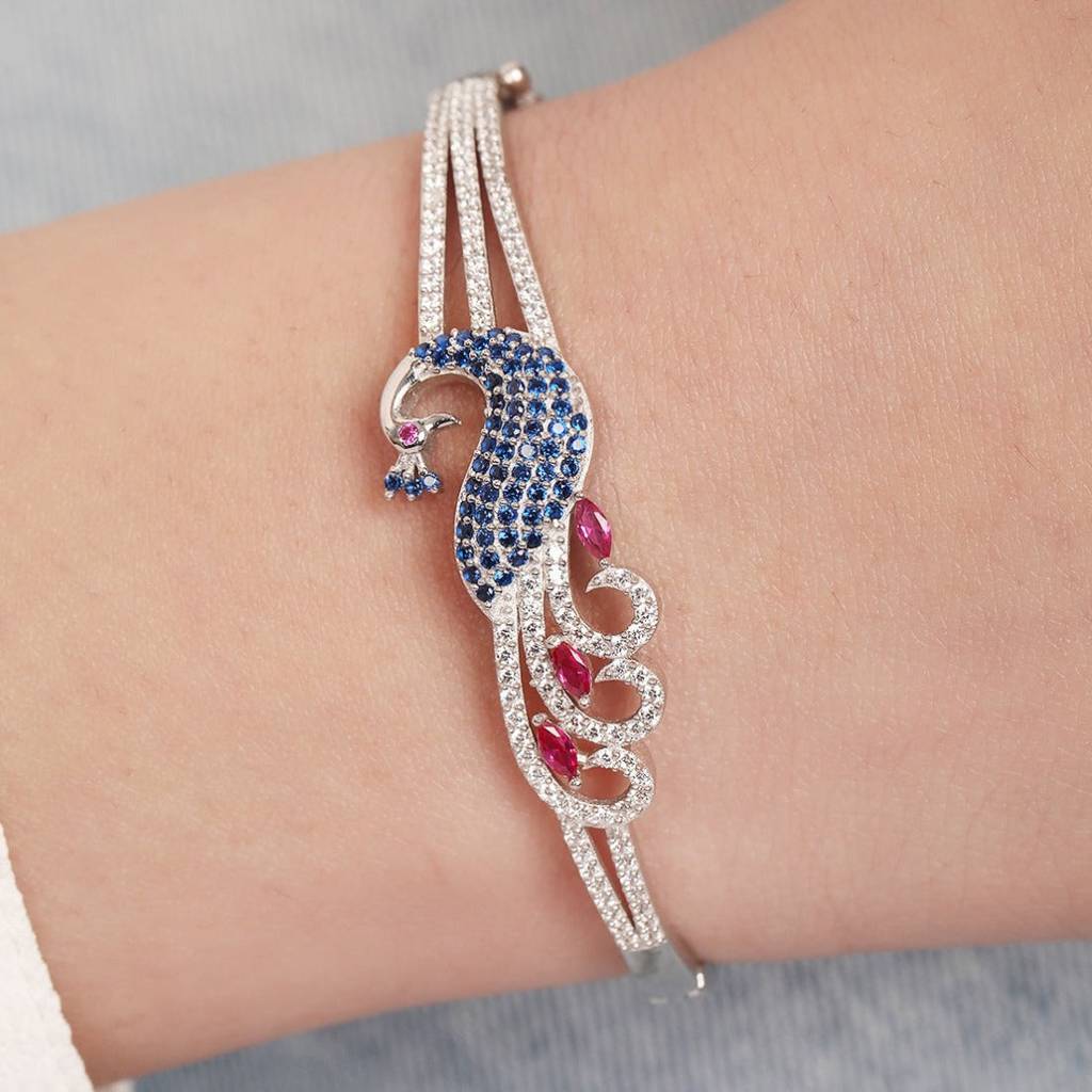 Regal Plumage Rhodium-Plated 925 Sterling Silver Peacock Bracelet : BR-80350-R