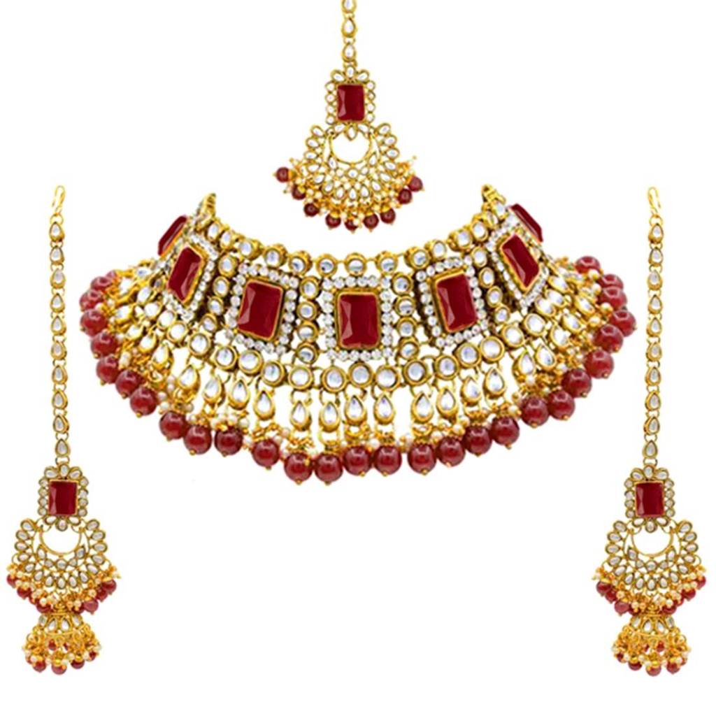Peora Rani Padmavati Dulhan Bridal Kundan Pearl Choker Necklace With Earrings Maang Tikka For Women Girls Indian  : PF26N1383M