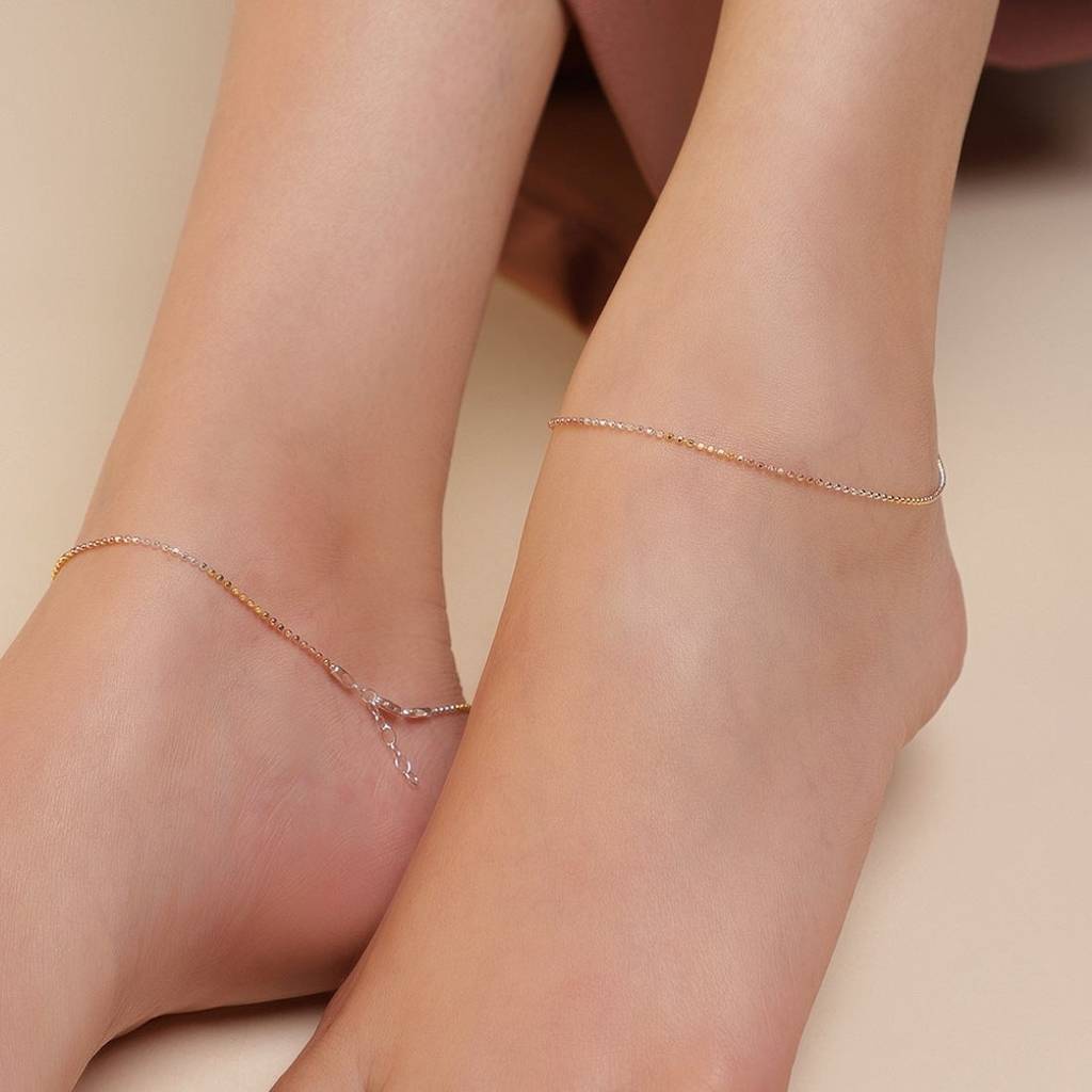 Elegant Triple Tone 925 Sterling Silver Beaded Chain Anklet : ANK-60164-PAIR