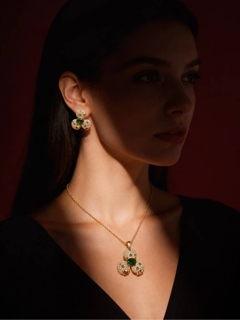 Emeralda Floral Set | 18K Gold Plated Necklace & Earrings With Pavé Cz Stones : SET949ESFS