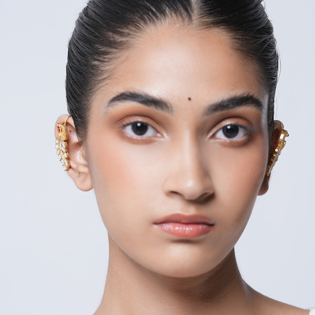 Designer White Kundan Peacock Earcuffs : CAO0196STM