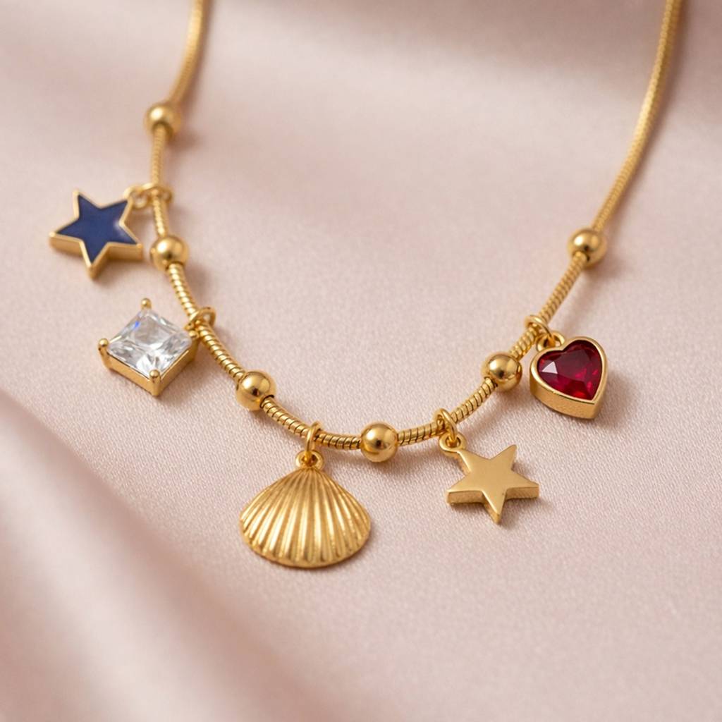 Gold Plated Star & Heart Charm Pendant Necklace : HSPS60MB1480