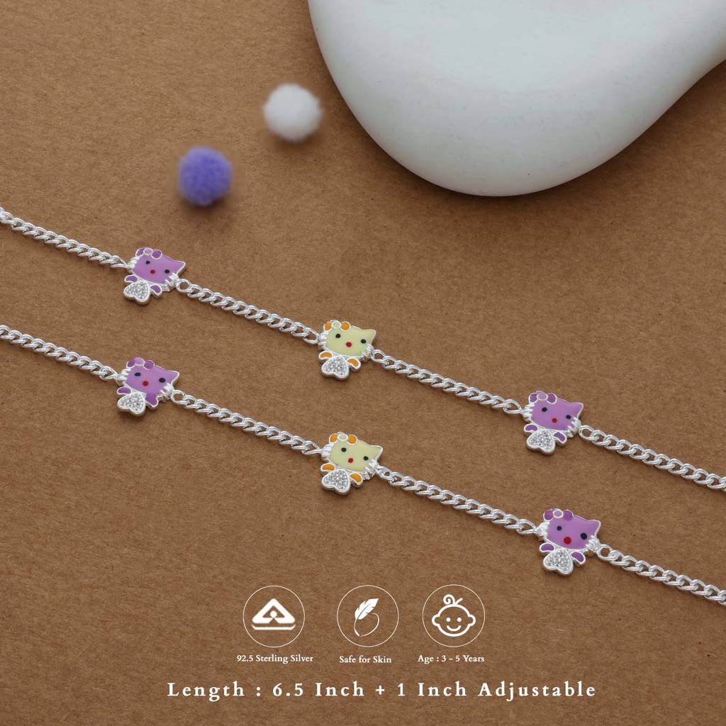 Iyal Kitty Heart Charm 925 Silver Kid Anklet (3-5 Yrs) : KA-KC-RH-R-159-P