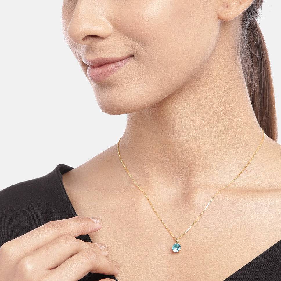 Blue Solitaire Gold Plated Box Chain Pendant With Chain : PEN-30033-C