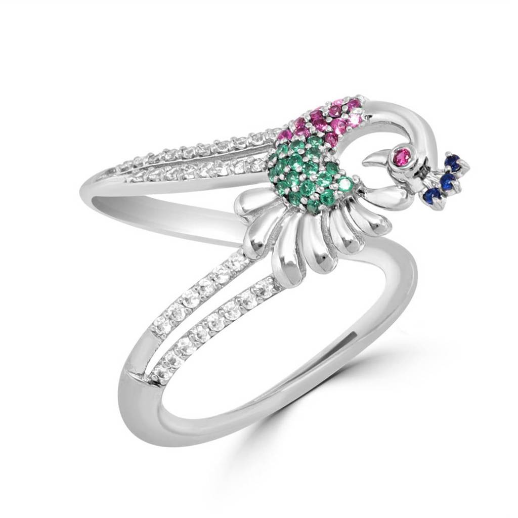 Regal Peacock Multi-Cz Rhodium-Plated 925 Sterling Silver Ring : RNG-40374-R