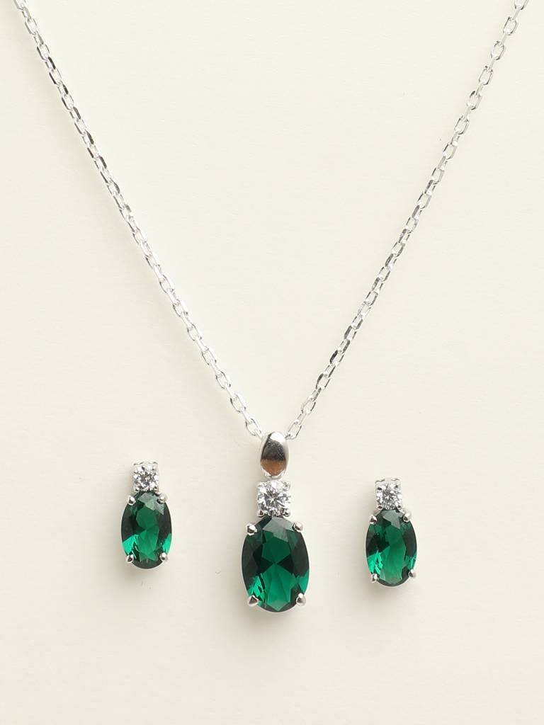 92.5 Sterling Silver Rhodium Plated Swiss Zirconia Dark Green Oval Pendant Earring Chain Jewellery Set Gift F : CSCLRP5E5OV_EM
