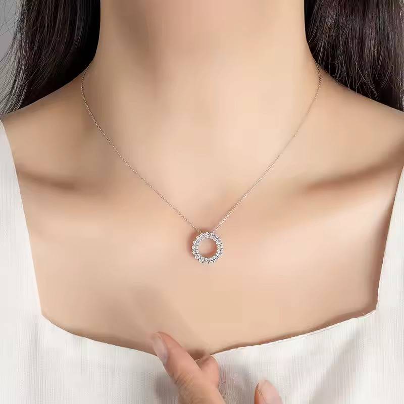 14K White Gold Plated Oval Cut Moissanite Circular Pendant Necklace : CJNK25