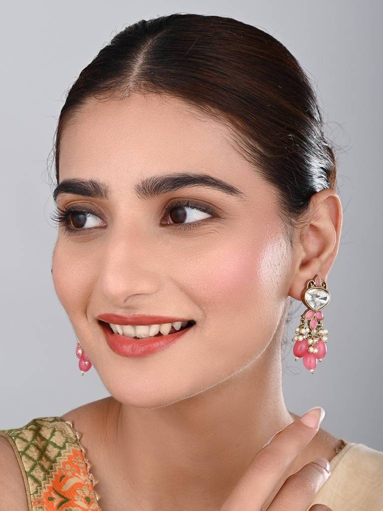 Gold Plated Kundan & Pearl Drop Earrings : S24FAER410PNK