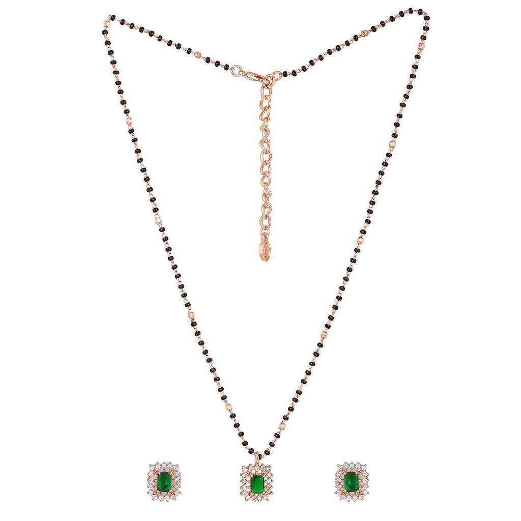 Estele Rose Gold Plated Cz Square Designer Necklace Set With Emerald Stones For Women