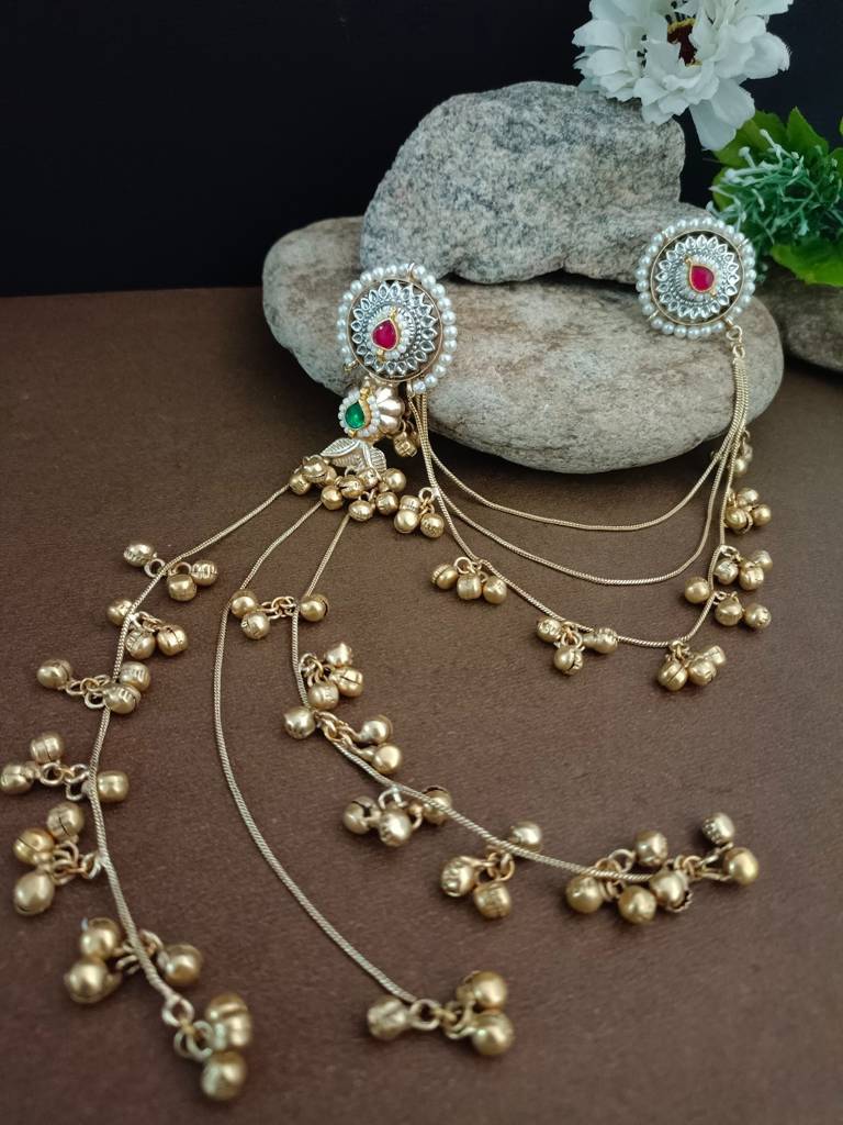 Brass-Plated Pachi Kundan Studded & Ghungroo Beaded Kashmiri Drop Earrings With Earchains : VS105330