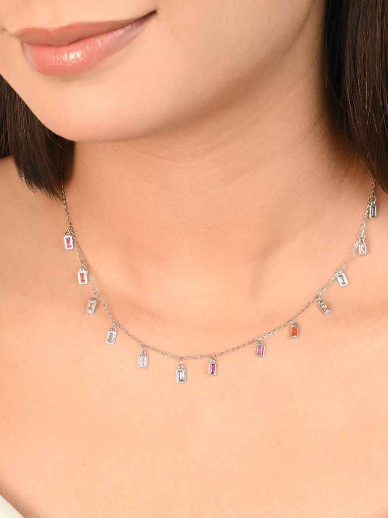 925 Silver Necklace With Multicolor Baguette Cubic Zirconia Drops. A Refined Silver Necklace For Women Designed To  : DXNC1893