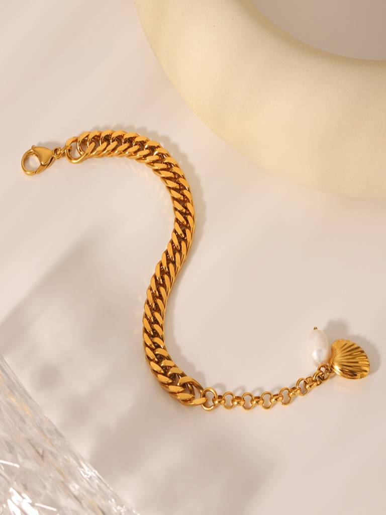 Pearl Shell Chain Bracelet 18K Gold Plated Waterproof Anti-Tarnish : AHC0925B0274