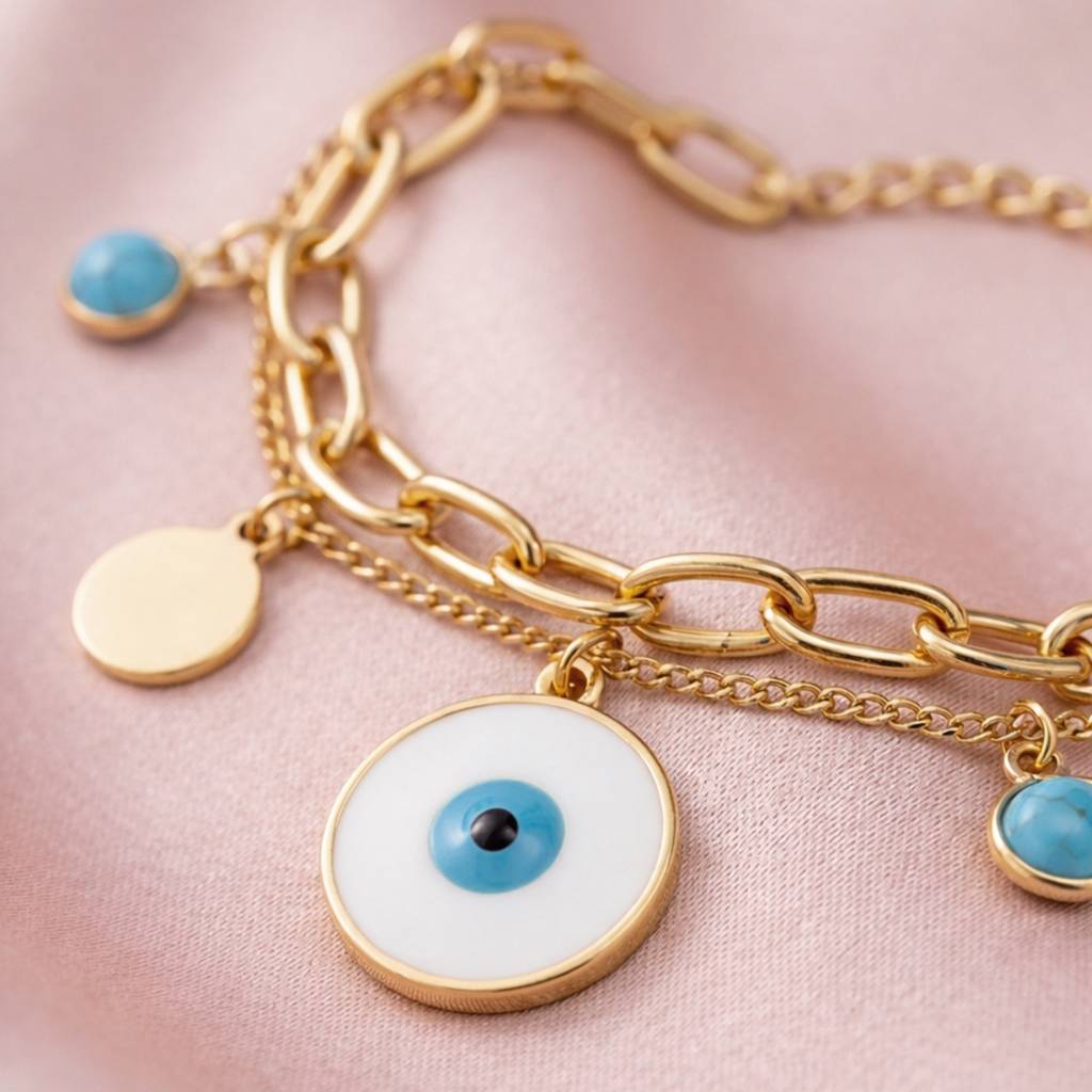 Gold Evil Eye Charm Anti-Tarnish Bracelet For Women : HSPS60MB1782