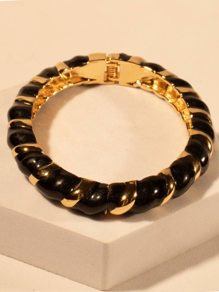 Black Enamel Striped Bracelet | 14Kt Gold Plated Italian Meenakari On Stainless Steel : ATB560BESB