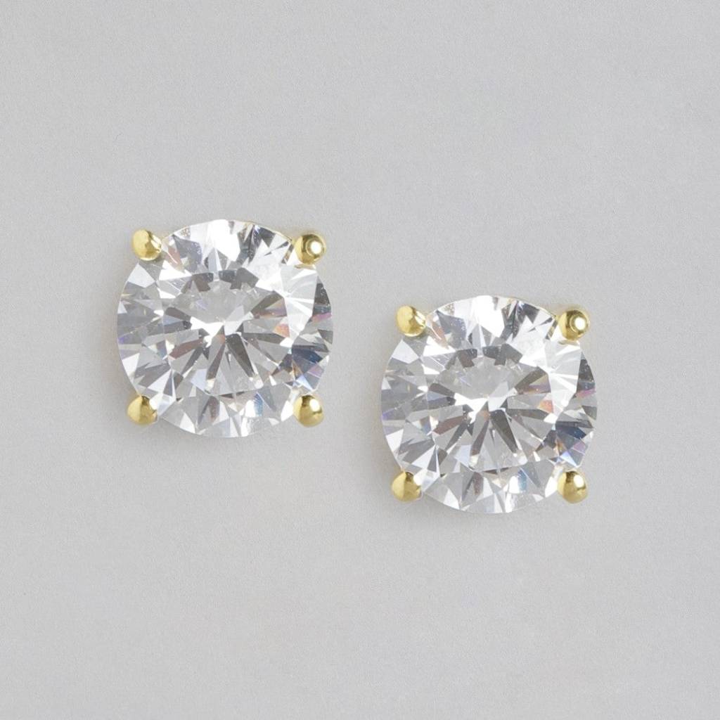 Dazzling Solitude Gold-Plated 925 Sterling Silver Stud Earrings : EAR-20047-G