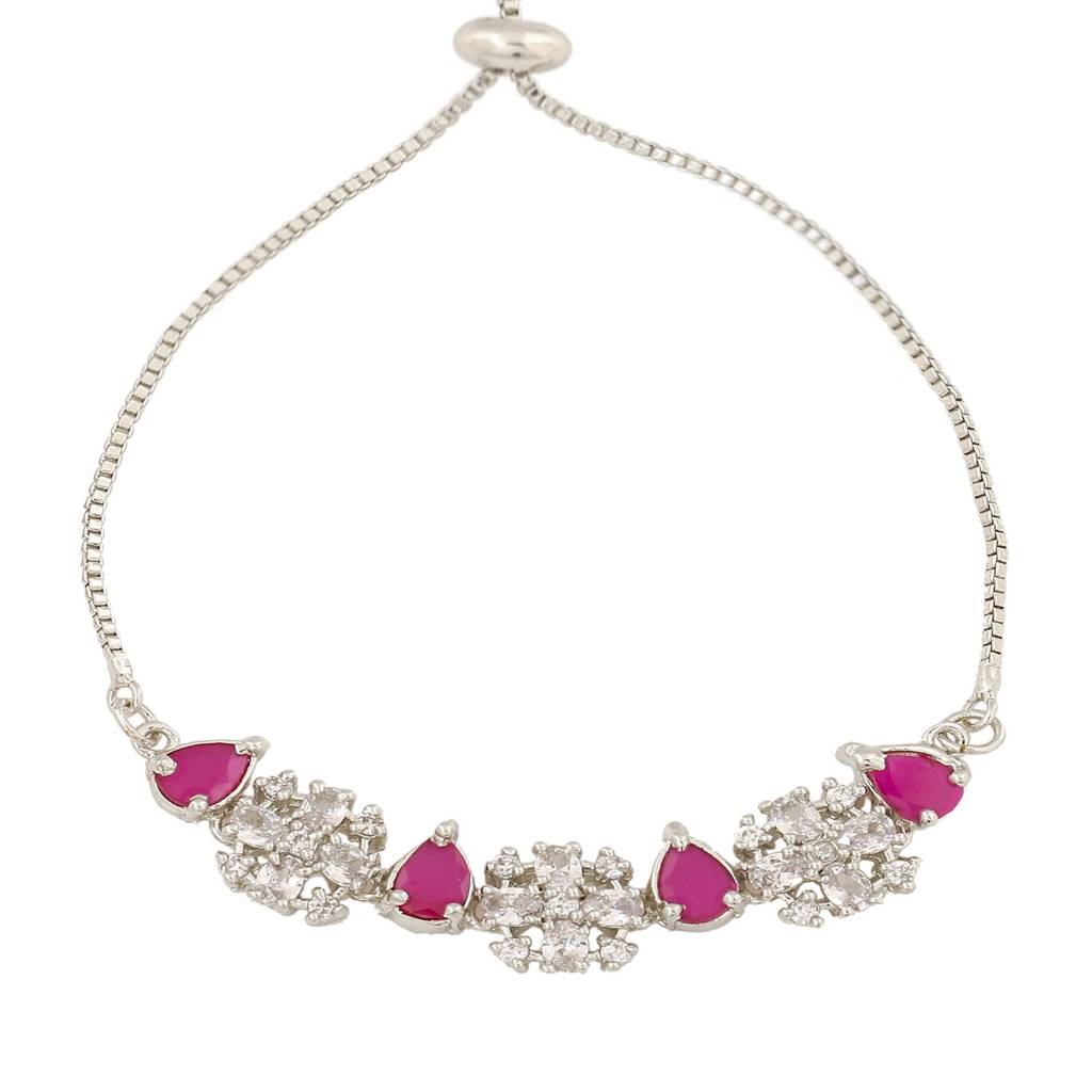 Estele Rhodium Plated Cz Flower Designer Bracelet With Ruby Crystals For Girls & Women