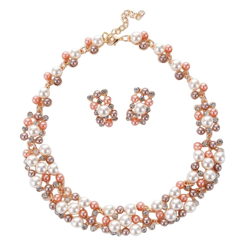 Pearl Collection Rose Gold Toned Cubic Zirconia Studded Choker Necklace Earring Jewellery Set For Women & Girl : PX8N12
