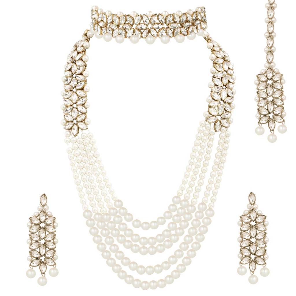 Peora Indian Traditional Gold Plated Kundan Faux Pearl Wedding Bridal Necklace Jewellery Set With Earring Maang T : PF25BR105W