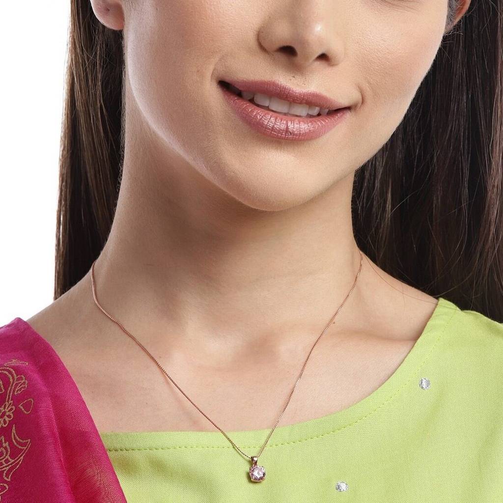 Blush Elegance - Pink Solitaire Rose Gold Plated 925 Silver Necklace : PEN-30024-C