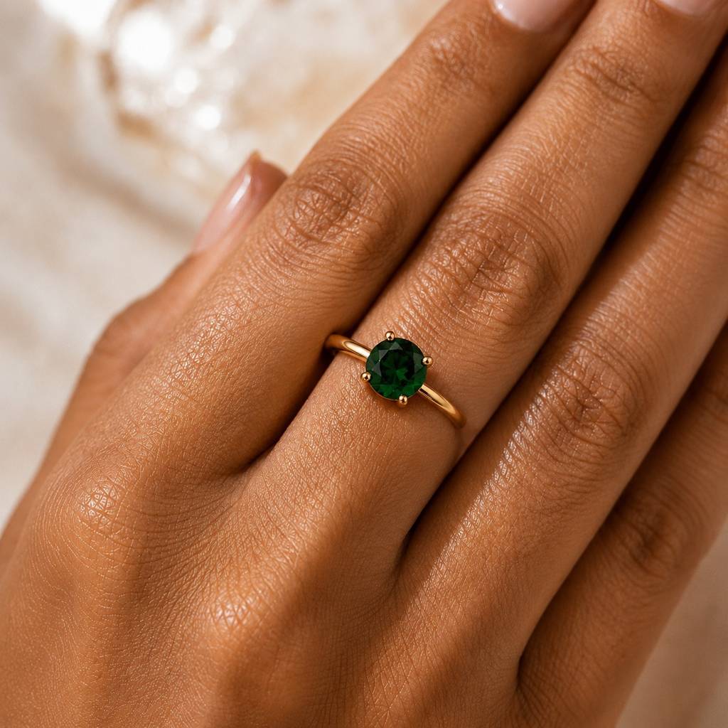 Minimalist Green Solitaire Gold Ring : RRAPR26AID-08