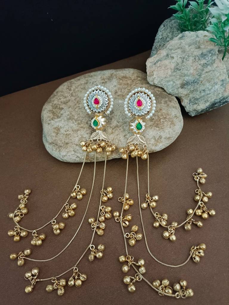 Brass Plated Pachi Kundan & Ghungaroo Studded Kashmiri Drop Earrings : VS105328