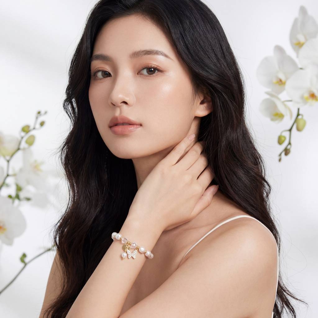 Korean Golden Glow Cultured Pearl & Crystal Butterfly Bracelet : YUFSBR212