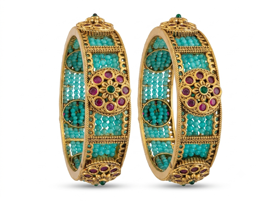 IraCraft Gold-Toned Turquoise Bead And Purple Stone Floral Kadas