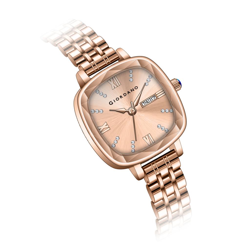 Giordano Elegant Square Rose Gold Watch For Women Â Crystal & Roman Hour Markers, Day-Date Display, Stainless  : GZ-60097-22