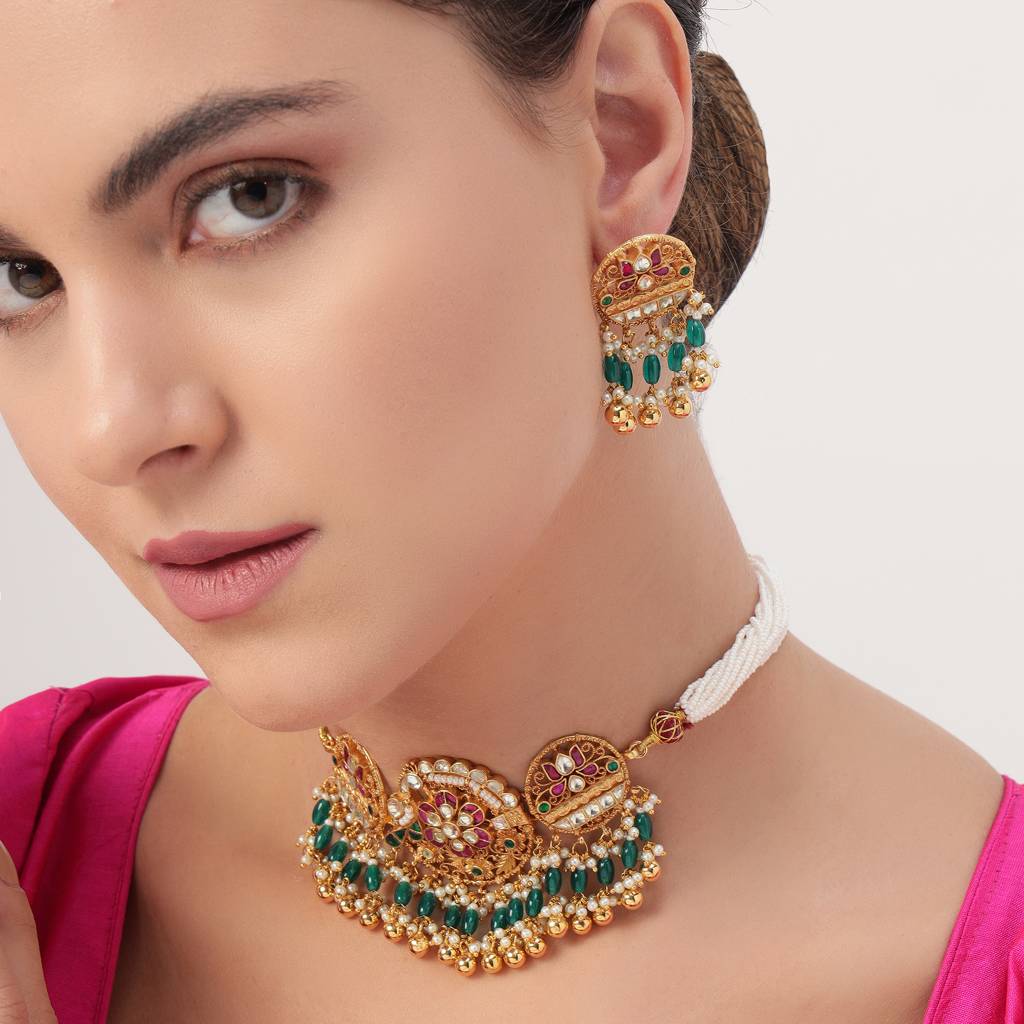 Gold Plated Traditional Pachi Kundan Choker : BP-NK-35