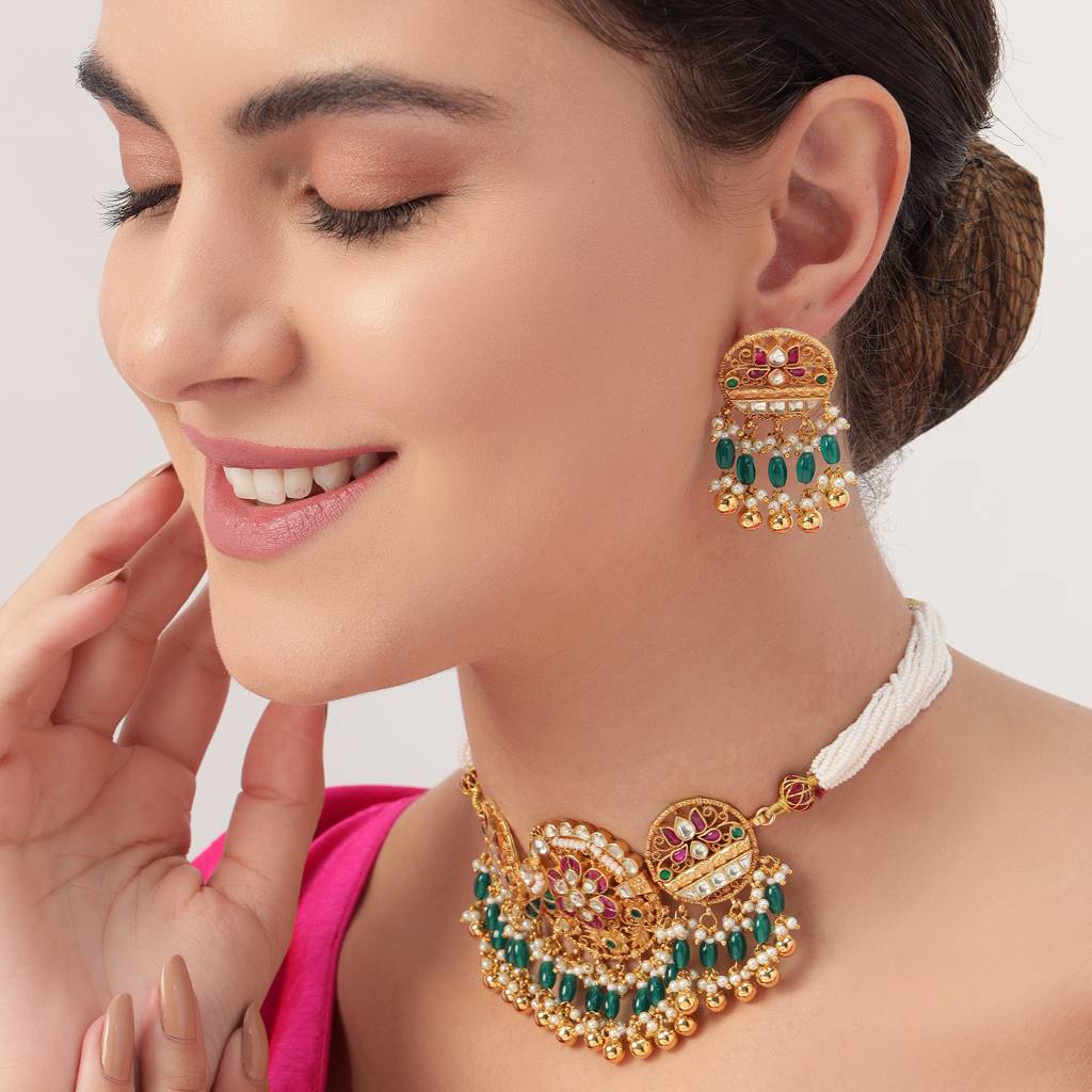 Gold Plated Traditional Pachi Kundan Choker : BP-NK-35