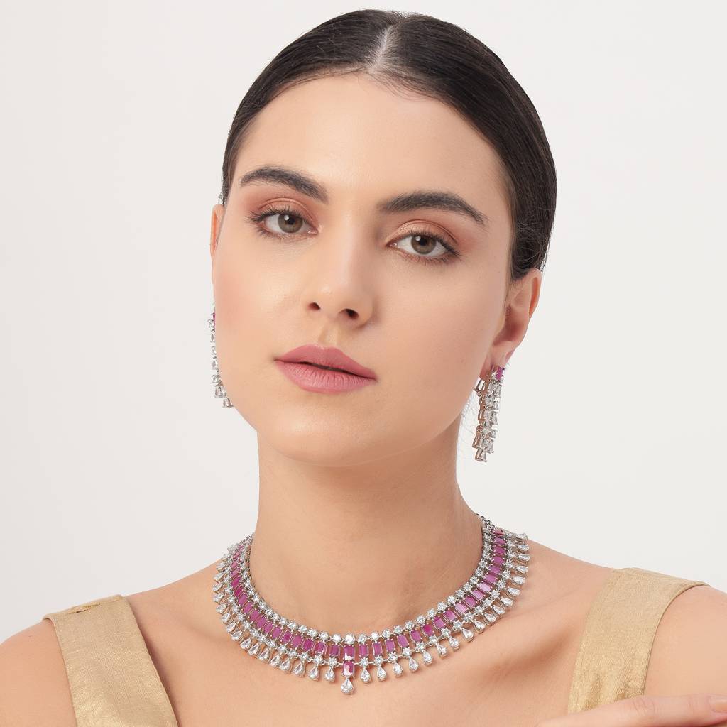 White Finish Signity Ruby Necklace Set : BP-NK-33