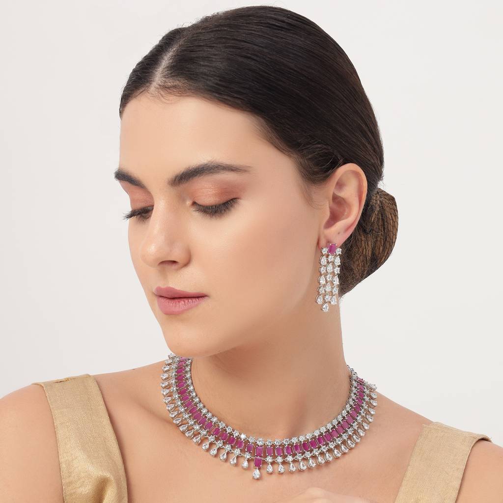 White Finish Signity Ruby Necklace Set : BP-NK-33