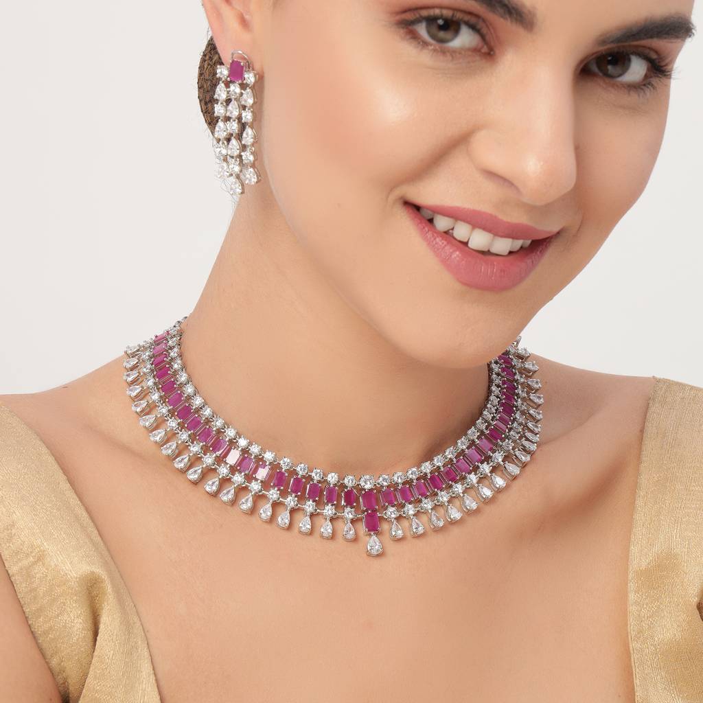 White Finish Signity Ruby Necklace Set : BP-NK-33