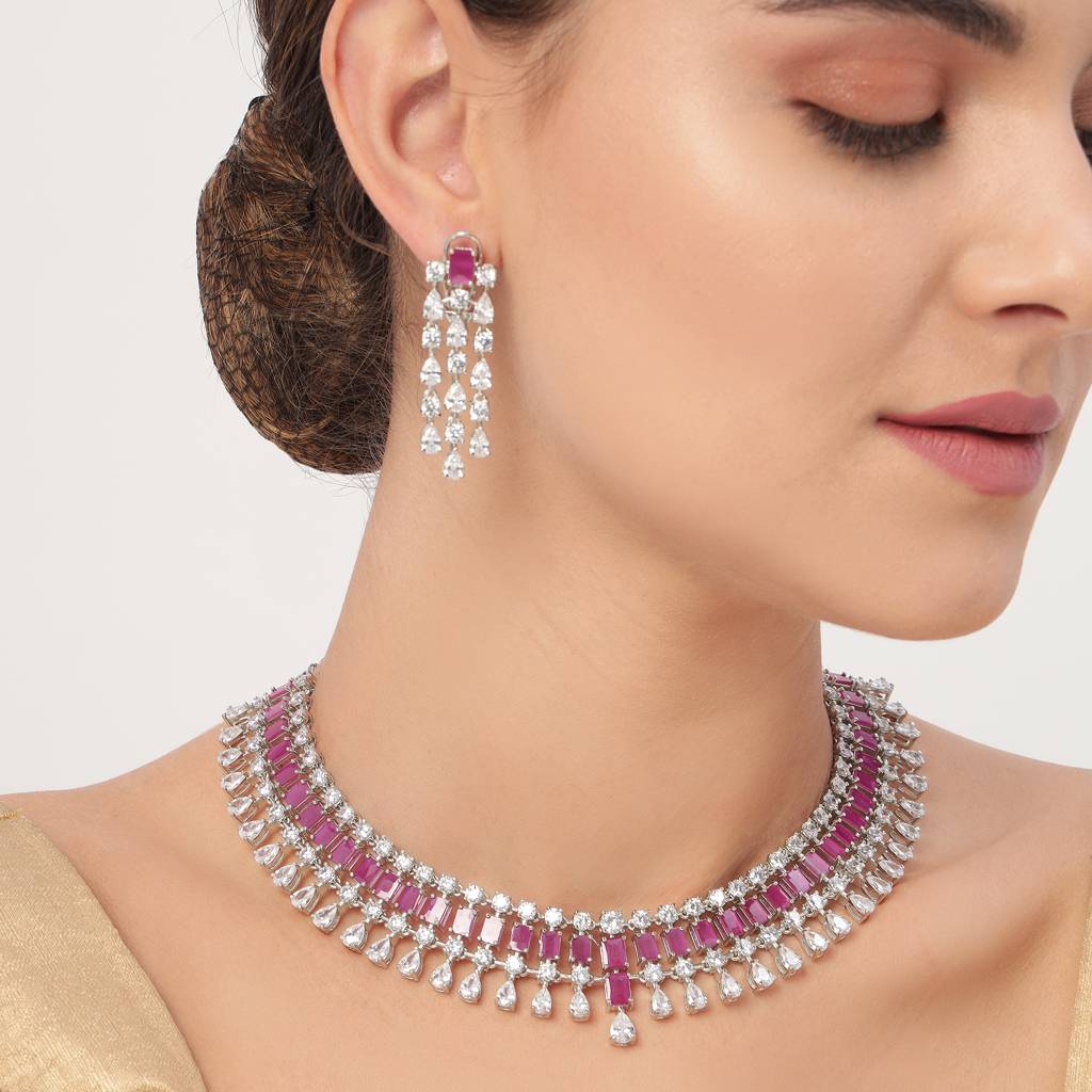 White Finish Signity Ruby Necklace Set : BP-NK-33